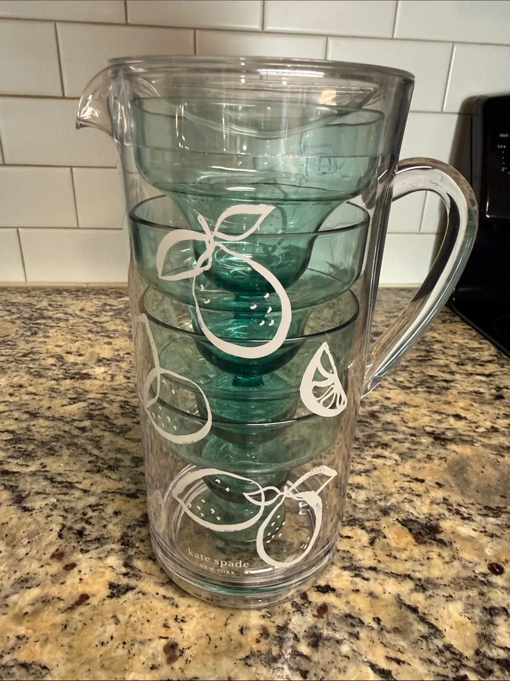kate spade Clear Pitcher with Teal Glasses and White Citrus Motif